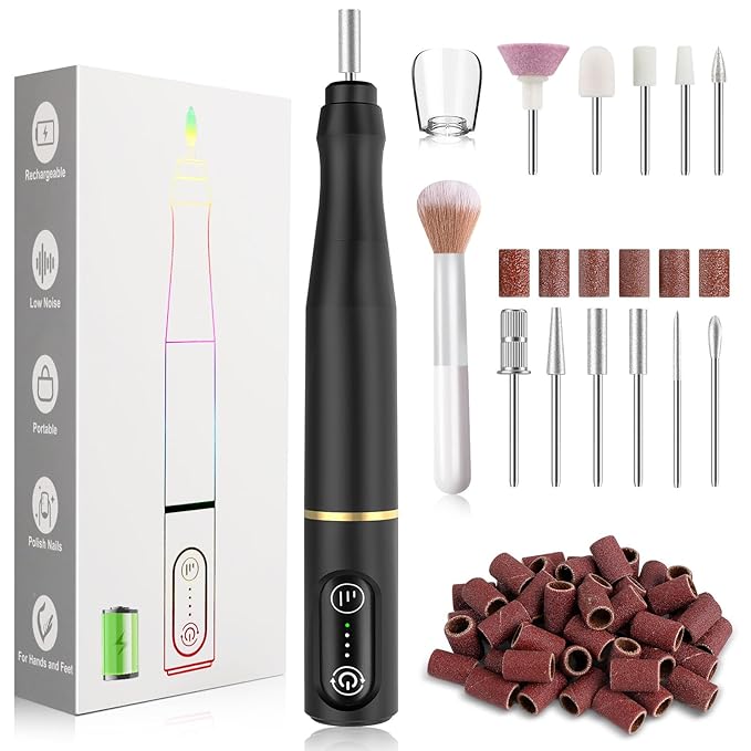 Cordless Nail Drill Electric Rechargeable File Kit, Professional Efile Acrylic Gel Nail Polish Remover Pedicure Manicure Machine Portable Set with 11 Bits 56 Sanding Bands (Black)