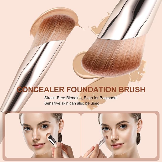 Angled Foundation Brush and Concealer Brush, Makeup Brushes Set for Liquid Foundation, Contour & Concealer, Angled & Blending Brushes to Tap, Blend & Set Flawless Face, Eye, Nose Makeup with Powder