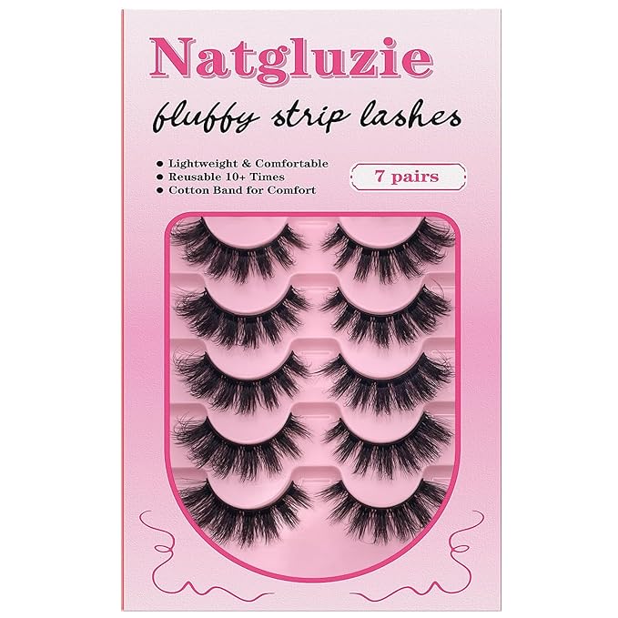 Eyelashes Wispy Lashes Strips - Russian D Curl Strip lashes, 3D Volume Mink Eyelash for Dramatic Look, 7-Pairs Fluffy False Eyelashes