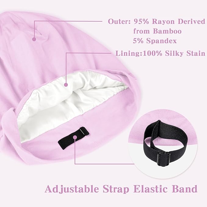 Fittia Satin Hair Bonnet for Sleeping, Silky No Frizzy for Curls Care, Adjustable Strap for Non-Slip, Dreadlocks Cap for Women&Men Light Purple