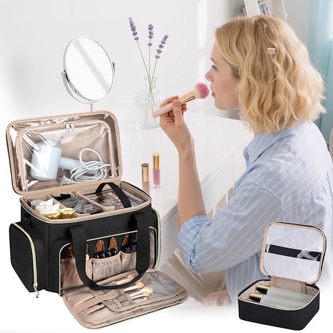 GDNasist Large Makeup Bag, Portable Travel Makeup Bag Organizer for Women Girls with 2 Removable Pouches & Detachable Dividers, Cosmetic Travel Bag, Toiletry Bag for Makeup and Hair Supplies Black