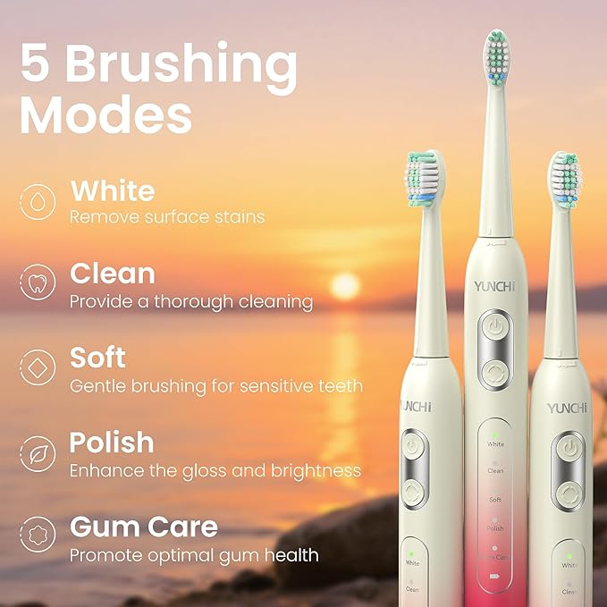 YUNCHI Electric Toothbrush Birthday/Valentine Plastic 8 Heads 24-Mo Deep Cleans Gentle Gums Removes Stains 3Hr USB-C 90d 2-Min Timer/30s IPX7 - Yellow Red