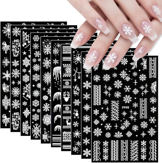 10 Sheets Christmas Nail Art Stickers Snowflake Nail Stickers White Nail Decals Winter Self Adhesive Nail Art Supplies for Women Girls DIY Manicure Nail Art Decorations