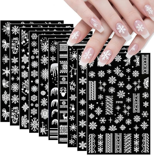 10 Sheets Christmas Nail Art Stickers Snowflake Nail Stickers White Nail Decals Winter Self Adhesive Nail Art Supplies for Women Girls DIY Manicure Nail Art Decorations