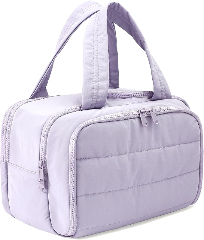 BUZFOWU Travel Toiletry Bag for Women, Large Wide-open Puffy Cosmetic Makeup Bag with Wet-Dry Separation, Multi-Pocket Organizer with Carry Handle for Toiletries, Cosmetics, Essentials, Light Purple