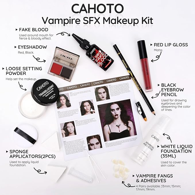 Halloween Vampire SFX Makeup Kit, Complete Makeup Set Include White Liquid Foundation, Vampire Teeth Fangs, Fake Blood, Setting Powder, Eyeshadow & Black Lipstick for Cosplay, Carnival
