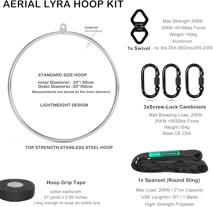 Aerial Lyra Hoop Rigging Set 25mm Stainless Steel 31inch to 39 inch