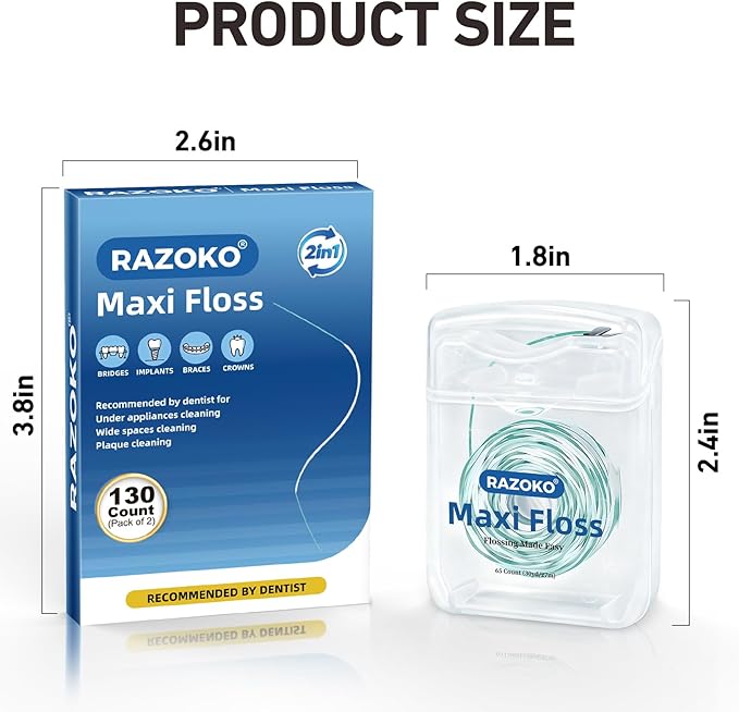 RAZOKO Threader Floss for Braces,Implants,Bridges-130 Count Pre-Measured Strands 2-in-1 Expanding Waxed Dental Floss for Deep Clean,Light Mint Flavored