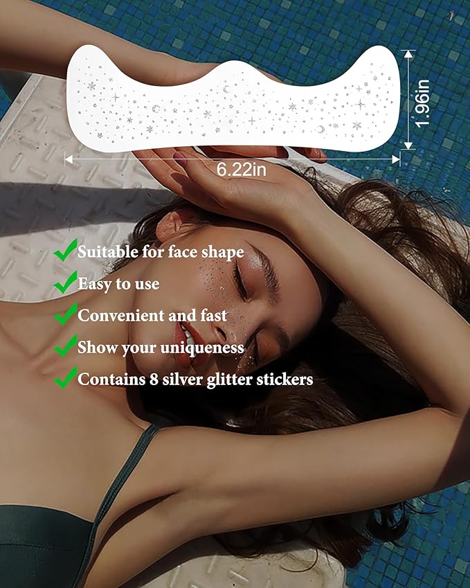 Face Glitter, Body Face Makeup Patches for Women Girls, Silver Rave Glitter Freckles for Face, Singer Concerts Festival Holiday Rave Accessories - 8 Counts