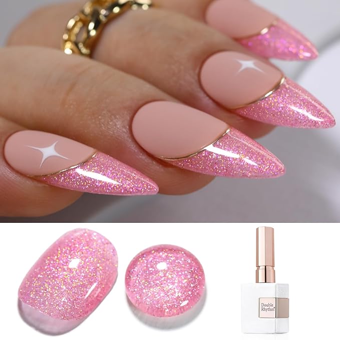 Double Rhythm 15ML Glitter Gel Polish Shimmer Reflective Holographic Color Magnetic for Nail Art Salon DIY at Home (Pink-B1154)