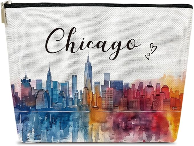 Ythuil Chicago Travel Gift Makeup Bag, Chicago Souvenir, Watercolor Cosmetic Bag for Purse, Trip Gifts for Traveller, Travelling Lovers, City Themed Organizer