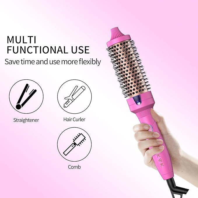 K&K 1.5 Inch Ceramic Tourmaline Ionic Curling Iron (Rose Red, 1.5 Inch) - Thermal Brush Heated Curling Brush, Dual Voltage, Volumizer, NON-DAMAGING 350 DEGREE HEAT