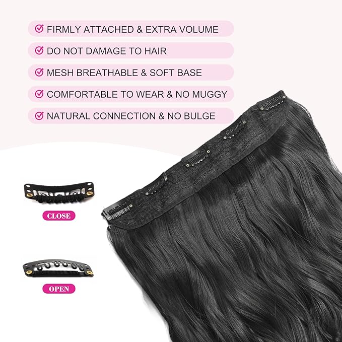 REECHO 16" 1-Pack 3/4 Full Head Curly Wavy Clips in on Synthetic Hair Extensions HE008 Hairpieces for Women 5 Clips 3.9 Oz per Piece - Natural Black