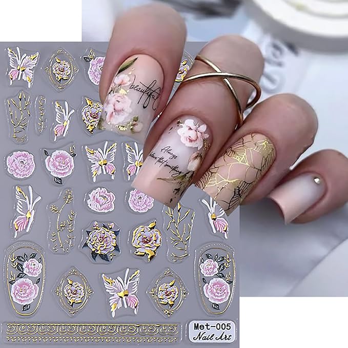 Flowers Nail Art Stickers Decal 5D Embossed Self Adhesive Flowers Nail Decals Design Pink Yellow White Daisy Peony Relief Floral Nail Stickers for Women Girls DIY Manicure Tip Decoration 3 Sheets