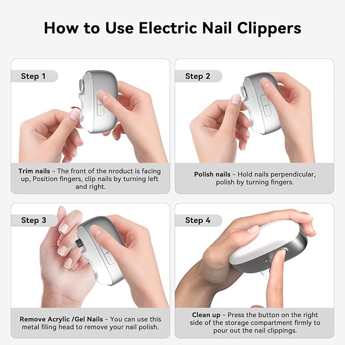 Electric Nail Clipper Fingernail Trimmer: 3-in-1 Automatic Nail Polisher with LED Light, Clip Storage, 2-Speed, Rechargeable Smart Nails Cutter Easy to Use for Seniors, Baby, Adult, Kids, White