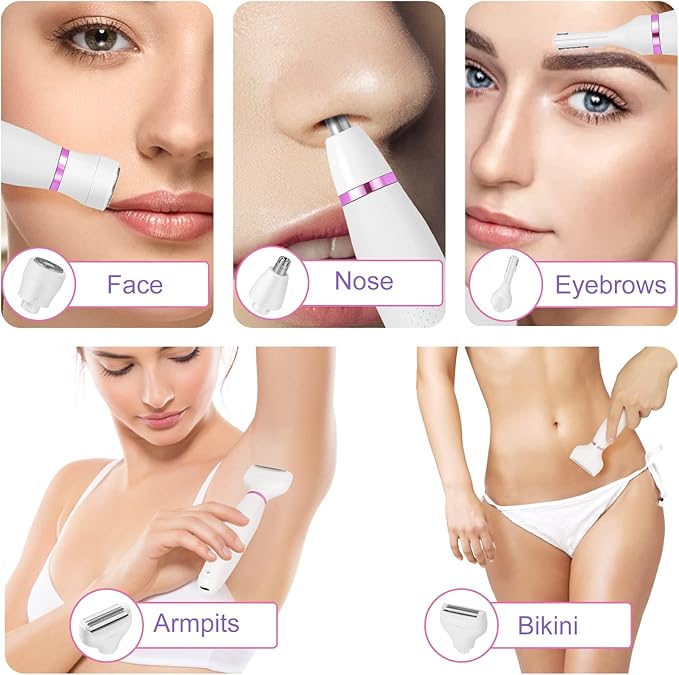 Electric Bikini Trimmer and Shaver for Women - 4 in 1 Waterproof Electric Razor- Rechargeable Pubic Hair Trimmer and Facial Hair Remover for Legs, Body, Underarm, Face, Eyebrow