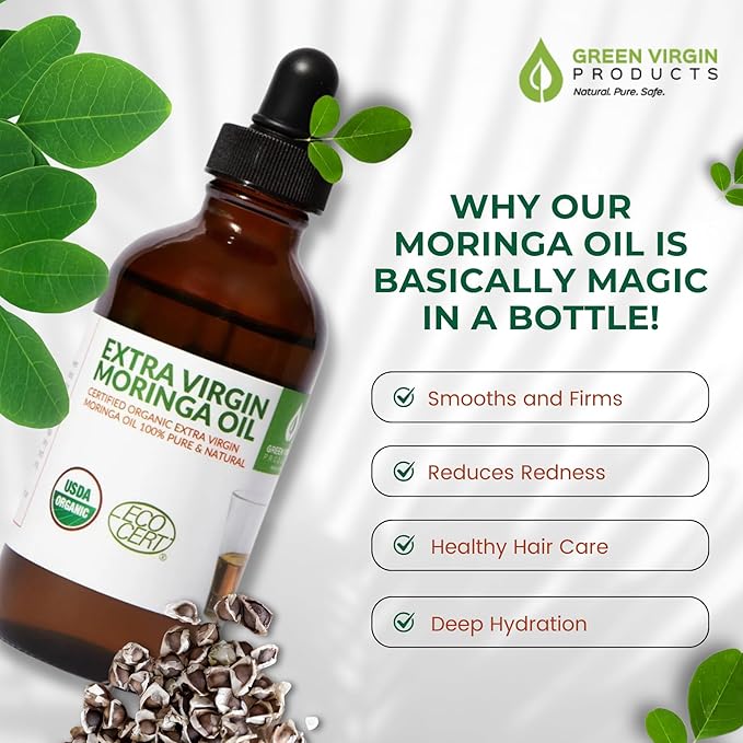 Organic Moringa Oil Bundle – Cold Pressed, Extra Virgin, 100% Pure, Food Grade – 4oz Full Size + 1oz Travel Bottle – Deep Moisturizing, Anti-Aging, Multi-Purpose Skin & Hair Oil