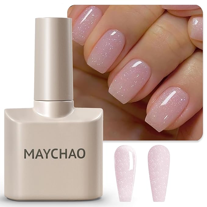 MAYCHAO 15ML Glitter Nude Pink Gel Nail Polish 1Pc Iridescent Shimmer Jelly Neutral Skin Tone Clear Sparkly Pink Natural Soak off UV LED Cured Nail Polish for Manicure Salon DIY at Home, 0.5 OZ