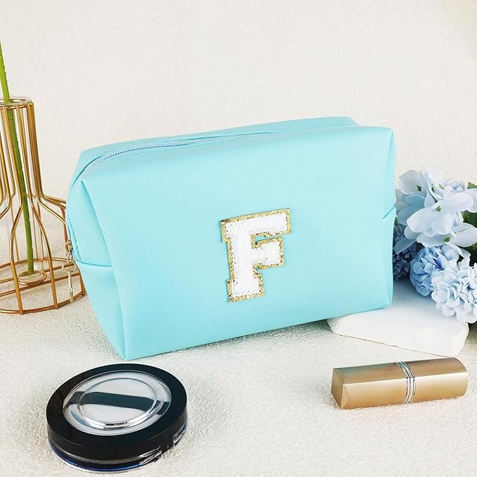 URSKYTOUS Gifts for Girls Initial Makeup Bag Personalized Cosmetic Bag with Zipper Cute Travel Toiletry Bag Waterproof PU Preppy Makeup Pouch Birthday Gift for Teen Girls Women(Blue F)