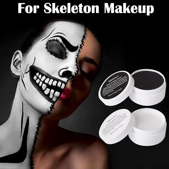 MEICOLY 7Pcs Halloween Makeup Kit,Black White Face Paint Clown White Makeup with Setting Powder,Classic Pro Oil Based Face Body Paint for Unisex Adult, SFX Joker Zombie Vampire Skull Skeleton Makeup