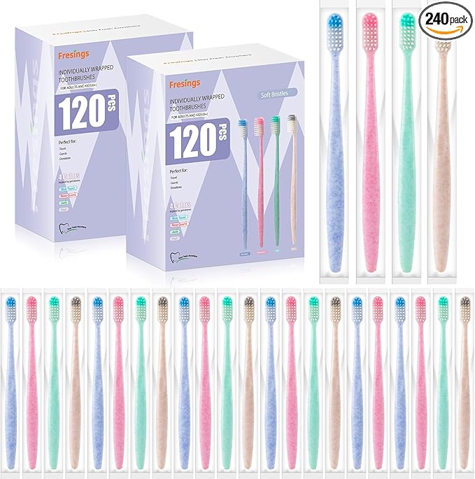 240-Pack Disposable Toothbrushes Individually Wrapped, Soft PBT Bristle Bulk Portable Travel Toothbrushes for Adults & Kids, Guest Bathroom, Hotel, Camping, Donation - 4 Gemstone Colors