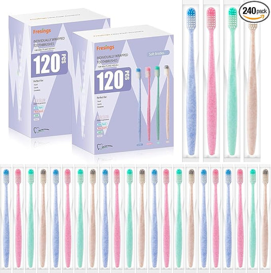 240-Pack Disposable Toothbrushes Individually Wrapped, Soft PBT Bristle Bulk Portable Travel Toothbrushes for Adults & Kids, Guest Bathroom, Hotel, Camping, Donation - 4 Gemstone Colors