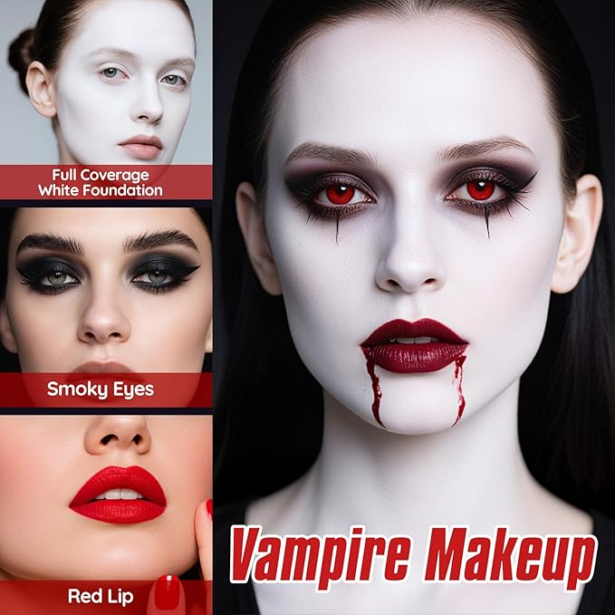 Halloween Vampire SFX Makeup Kit, Complete Makeup Set Include White Liquid Foundation, Vampire Teeth Fangs, Fake Blood, Setting Powder, Eyeshadow & Black Lipstick for Cosplay, Carnival