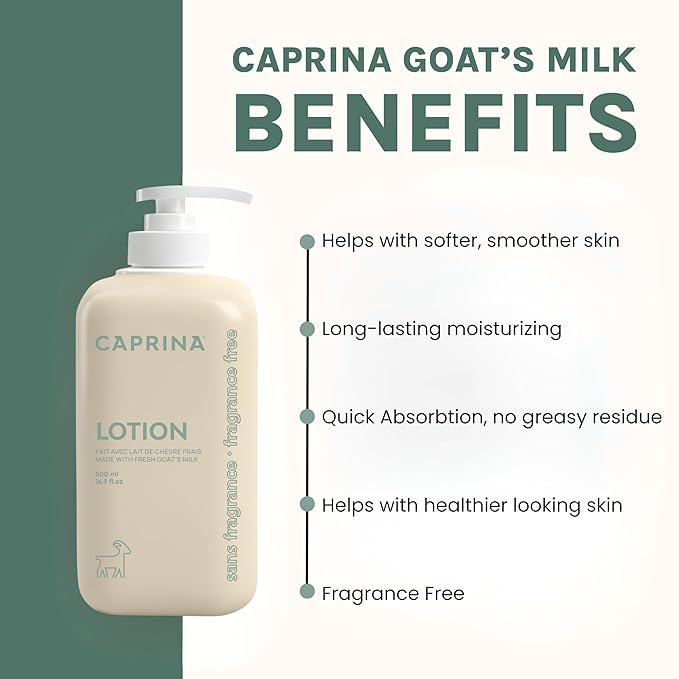 Caprina Goat’s Milk Body Lotion, 500 ml (16.9 oz), FRAGRANCE-FREE, Gentle Daily Moisturizer for Sensitive Skin