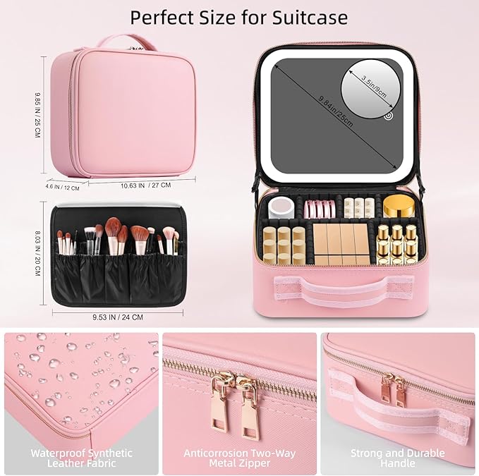 RRtide Makeup Bag with Mirror of LED Lighted, Travel Makeup Train Case Cosmetic Bag Organizer with Mirror and Lights, Make up Bag with Light up Mirror Adjustable Divider Brush Board