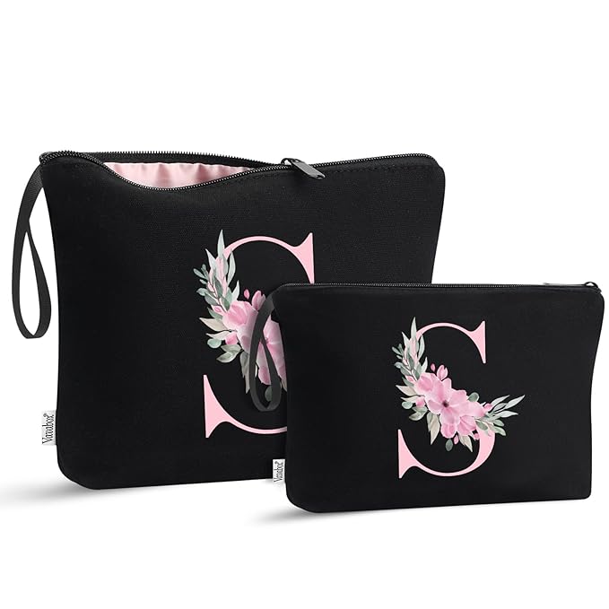Vavabox A-Z Personalized Makeup Bag, Birthday Gifts for Women Mom, Gifts for Best Friend, Bride Bridesmaid Cosmetic bag (S, 04-Black Set)