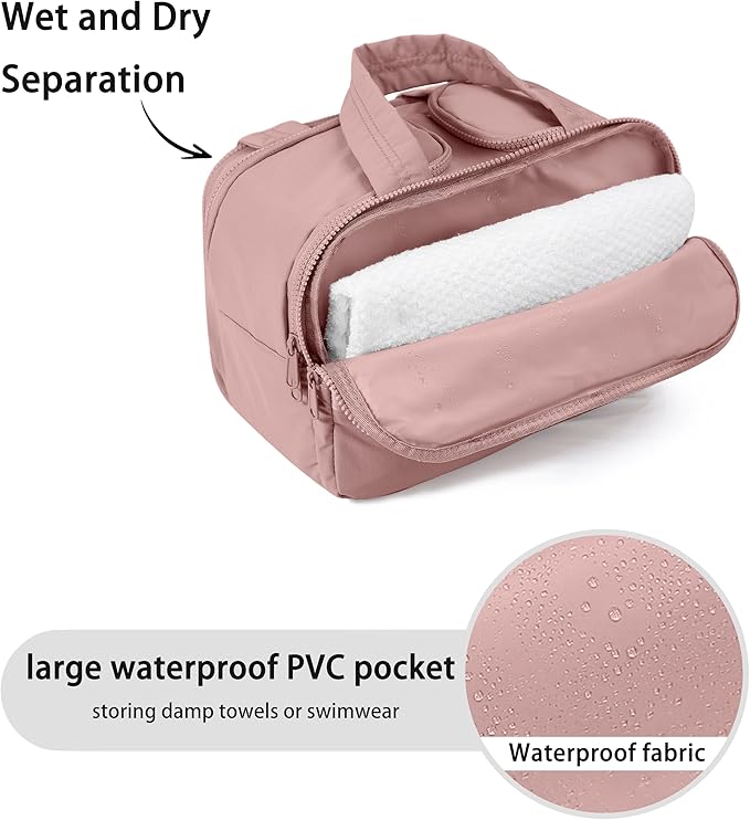 BUZFOWU Travel Toiletry Bag for Women, Large Wide-open Puffy Cosmetic Makeup Bag with Wet-Dry Separation, Multi-Pocket Organizer with Carry Handle for Toiletries, Cosmetics, Essentials, Dark Pink