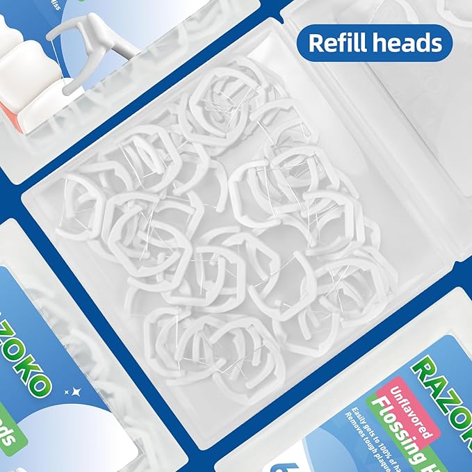 RAZOKO Dental Flosser Kit, Extra Strong Shred-Resistant Floss, 135 Degrees for Hard-to-Reach Areas, PTFE & PFAS Free, 2 Handles + 240 Refill Heads