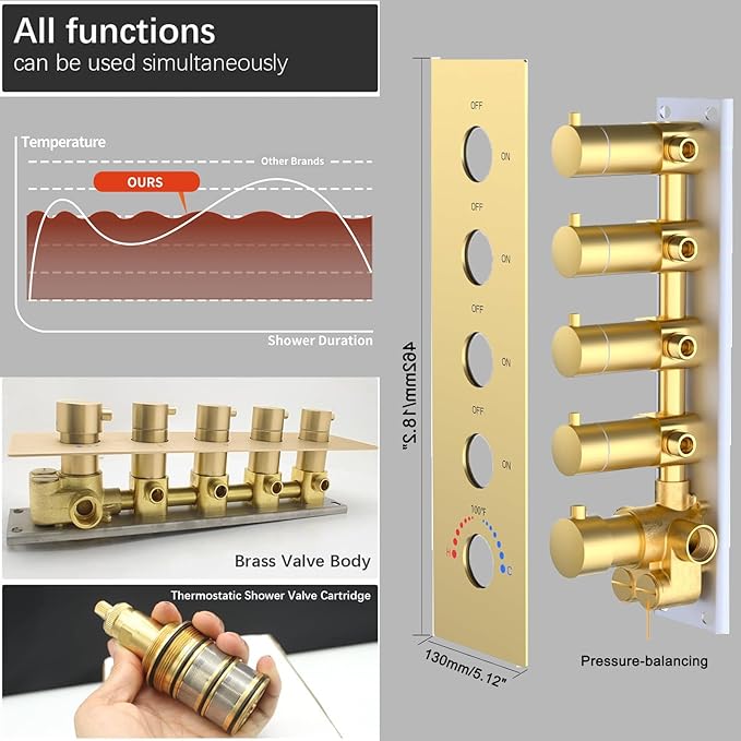 KATAIS Shower System with 12X35 inch Overshower and Dual Side ShowerHead(8 inch), 6 PCS Body Jet and HandHeld Spray, Dual Thermostatic Valve Kit Can Achieve 8 Shower Functions, Brushed Gold