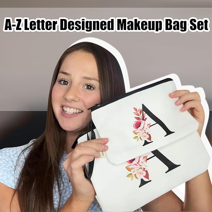 Vavabox A-Z Personalized Makeup Bag, Birthday Gifts for Women Mom, Gifts for Best Friend, Bride Bridesmaid Cosmetic bag (R, 03-White Set)