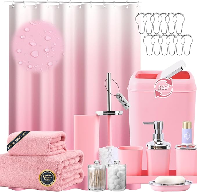 XLHOMO Pink Bathroom Accessories, 24 Pieces Pink Bathroom Accessories Set with Shower Curtain, Bath Towels, Trash Can, Soap Dispenser and Soap Dish for Bathroom/Housewarming