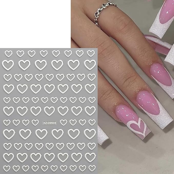 8 Sheets Heart Nail Stickers Valentines Heart Nail Decals 3D Self Adhesive Gold Silver Red White Black Hearts Nail Art Stickers Design Holiday Manicure Accessories for Women DIY Nails Supplies