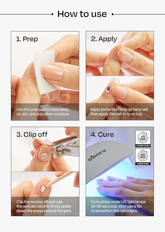 ohora Semi Cured Gel Nail Strips (N Check Noir) - Works with Any Lamps, Salon-Quality, Long Lasting, Easy to Apply & Remove - Includes 2 Prep Pads, Nail File & Wooden Stick