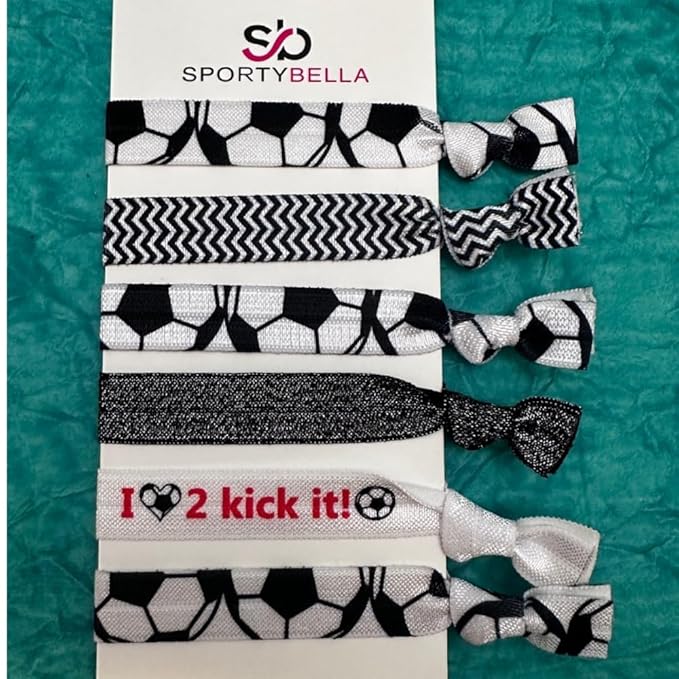 SportyBella Soccer Hair Accessories - No Crease Elastic Hair Ties, Ideal Gift for Girls Soccer Players (6pcs)