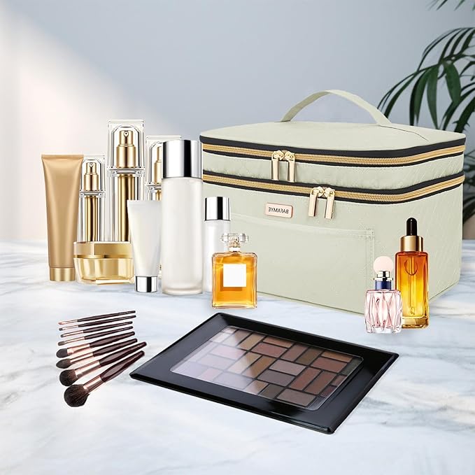 BAFAMYE 8.8L Double Layer Travel Makeup Bag Women, Large Cosmetic Case, Organizer for Travel-Size Accessories Bottles, Brushes, and Skin Care Products, Beige 2.33 GAL