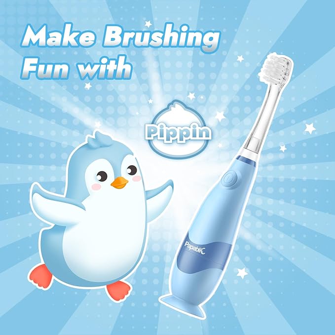 Papablic Toddler Sonic Electric Kids Toothbrush for Ages 1-3 Years, Baby Electric Toothbrush with Cute Penguin Cover and Smart LED Timer, 2 Brush Heads (Pippin)