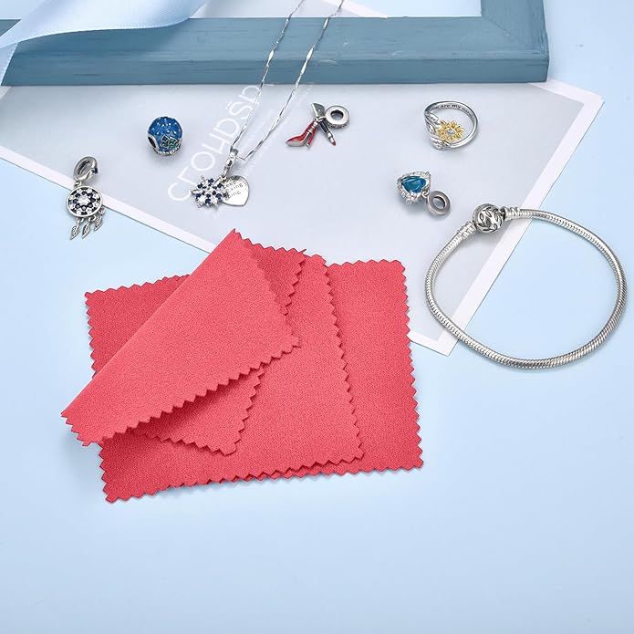 SEVENWELL 50pcs Jewelry Cleaning Cloth Pink Polishing Cloth for Sterling Silver Gold Platinum Small Polish Cloth 8x8cm