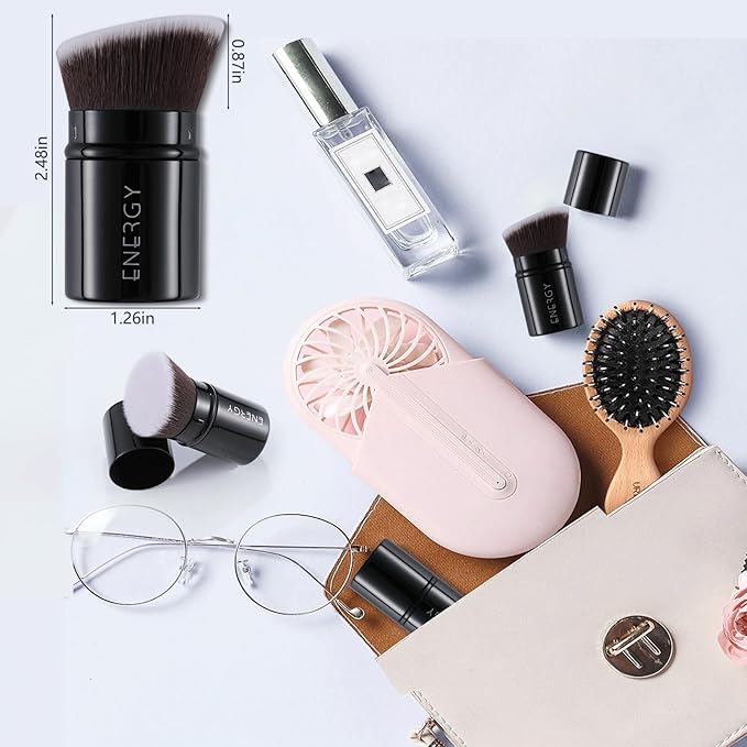 ENERGY Kabuki Foundation Brush Mini - Makeup Brush Retractable Travel for Liquid Loose Powder & Blush Buffing, Bronzer & Cream Blending, Angled Face Cosmetic Brushes Cruelty Free With Cover (Black)