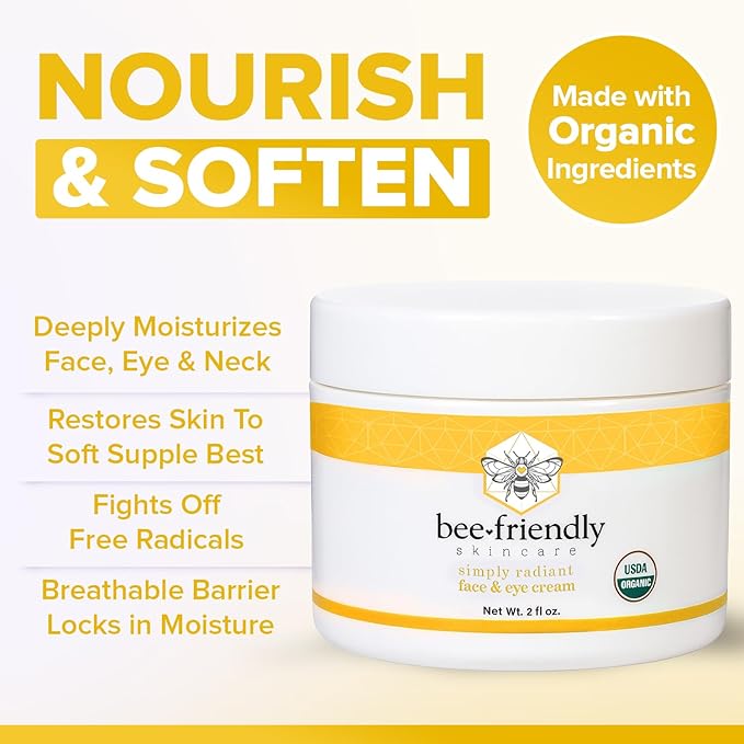 BeeFriendly Organic Face and Eye Cream, USDA Certified Organic Facial Moisturizer, All In One Natural Face, Eye, Neck, Decollete Cream Reduces Wrinkles & Lines, 4 oz - (2 Jars in a box)