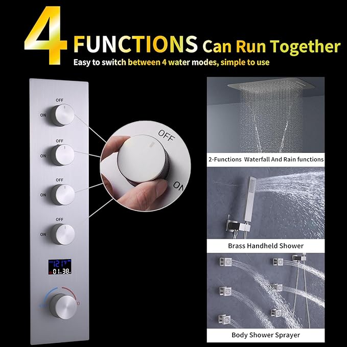 AYIVG Brushed Nickel Thermostatic Rainfall Full Body Shower System With 2 In 1 Waterfall Rainfall Ceiling Mount 16 X 24 Inch Rain Shower Head 6 Jets Temperature Display Shower Faucet Set