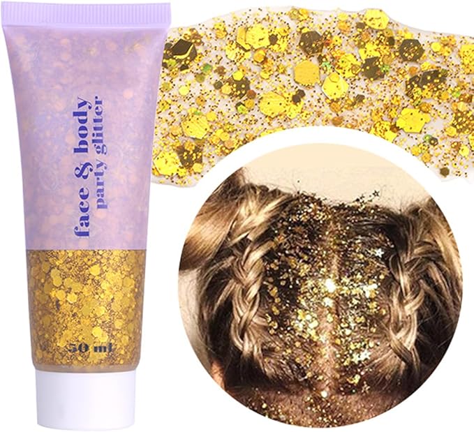 Gold Face Glitter Gel,Mardi Gras Outfit for Women,Music Festival Yellow Body Glitter Singer Concerts Hair Glitter Sequins,Mardi Gras Accessories Sparkling Carnival Rave Decorations,50ML