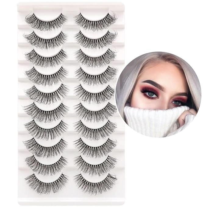 Veleasha Russian Strip Lashes with Clear Band Looks Like Eyelash Extensions D Curl Lash Strips 10 Pairs Pack (DT02)