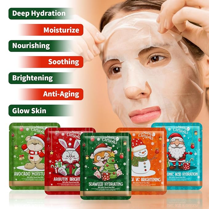 YTRAJU 10 Pack Christmas Face Masks Skincare for Christmas Gifts, Face Sheet Masks for Christmas Stocking Stuffers, Hydrating and Bightening, Holiday Face Masks Christmas Gifts for Teens Girls Women