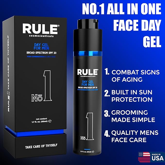 RULE COSMECEUTICALS No.1 Day Gel for Men, 10-in-1 Anti-Aging Face Moisturizer to Reduce Wrinkles, SPF 20, Collagen, Vitamins B, C & E - Combination & Oily Skin - Original, 50 mL
