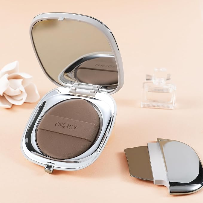 ENERGY 4-in-1 Makeup Spatula & Brush Tool, Stainless Steel with Puff, Mirror & Mixing Palette – Portable Kabuki Face Cosmetic Applicator for Liquid Foundation, BB/CC Cream, Concealer & Contour