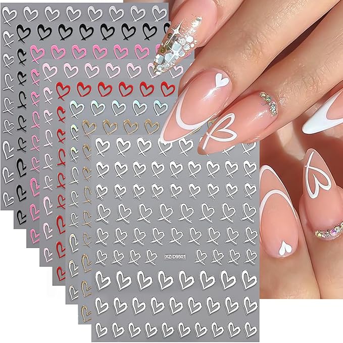 8Pcs Heart Nail Art Stickers 3D Self-Adhesive Sparkling Love Nail Art Decals Gold Silver Red White Black Romantic Heart Designs Nail Sticker for Valentine DIY Manicure Decoration Accessories